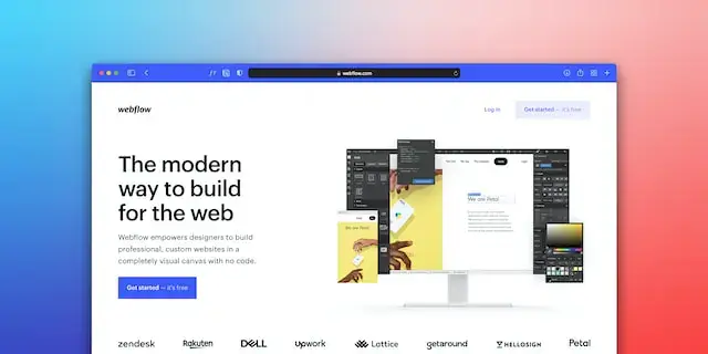 Screenshot of the Webflow website homepage. The page headline reads, The modern way to build for the web. A computer monitor displays a web design interface. Logos of companies like Zendesk and Dell are visible at the bottom.
