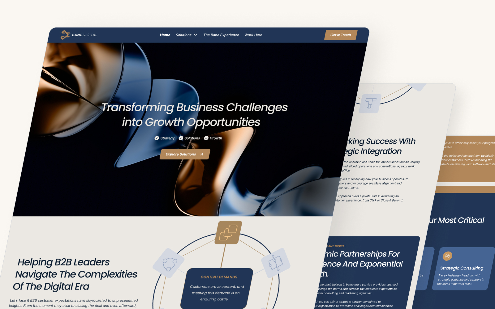 A website screenshot featuring the text Transforming Business Challenges into Growth Opportunities. The design, available through a design subscription, includes abstract metallic shapes and sections labeled Solutions and The User Experience. A Get in Touch button is visible.
