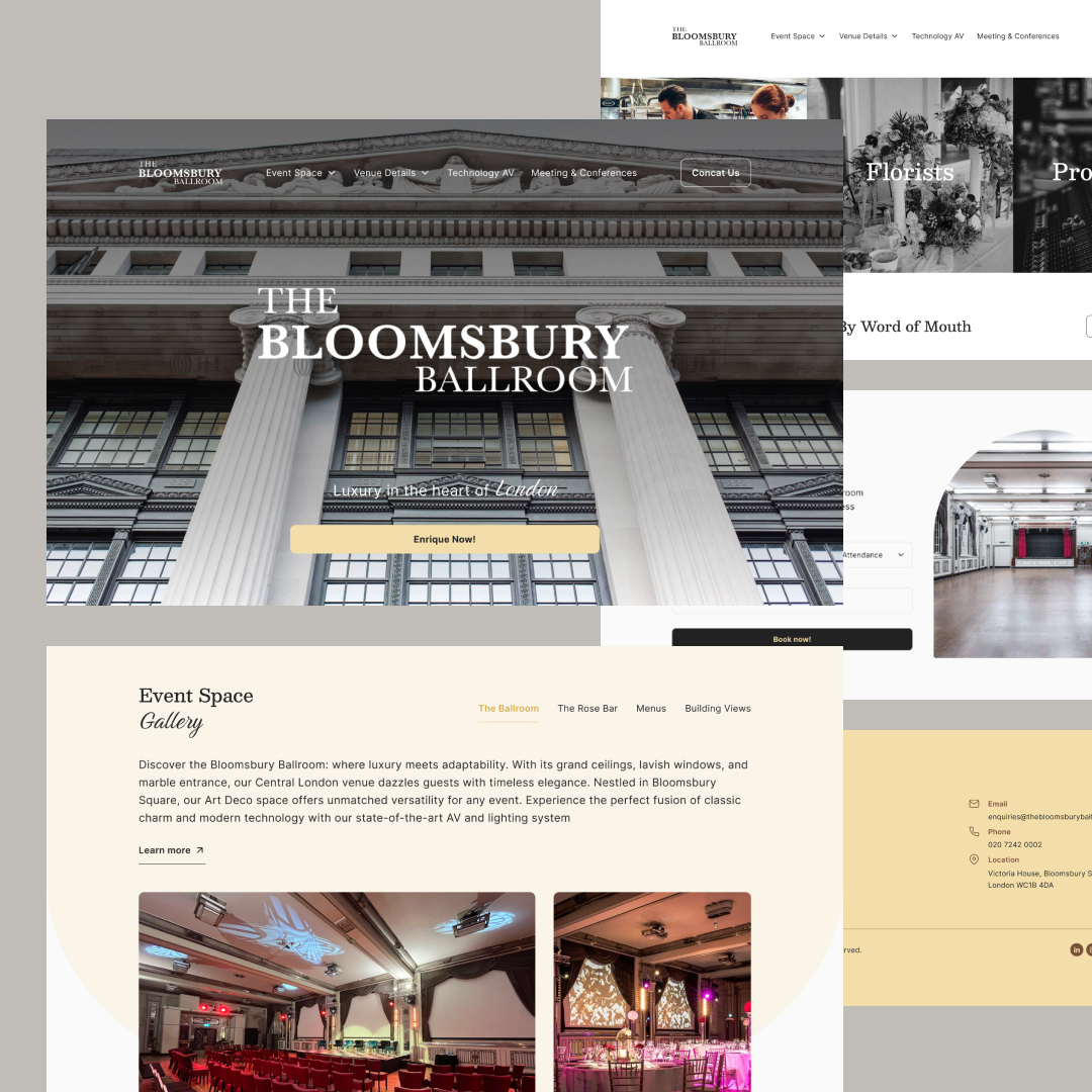A collage of website sections for The Bloomsbury Ballroom showcases its grand interior with high ceilings, a crimson-lit venue setup with round tables, and web design elements. Explore the potential of your event space with our unlimited graphic design services that enhance navigation and details.
