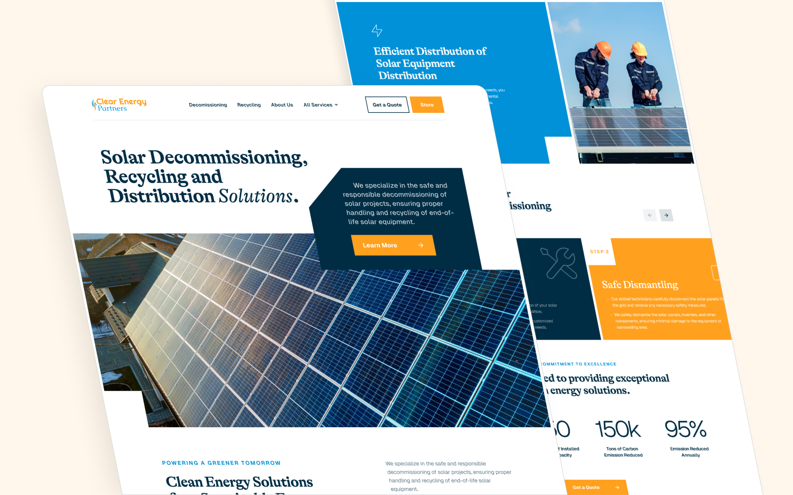 The image showcases a webpage design for a company specializing in solar decommissioning, recycling, and distribution solutions. Featuring solar panels and a Learn More button, it highlights efficient distribution and safe dismantling services. Enjoy unlimited graphic design with our comprehensive offerings.