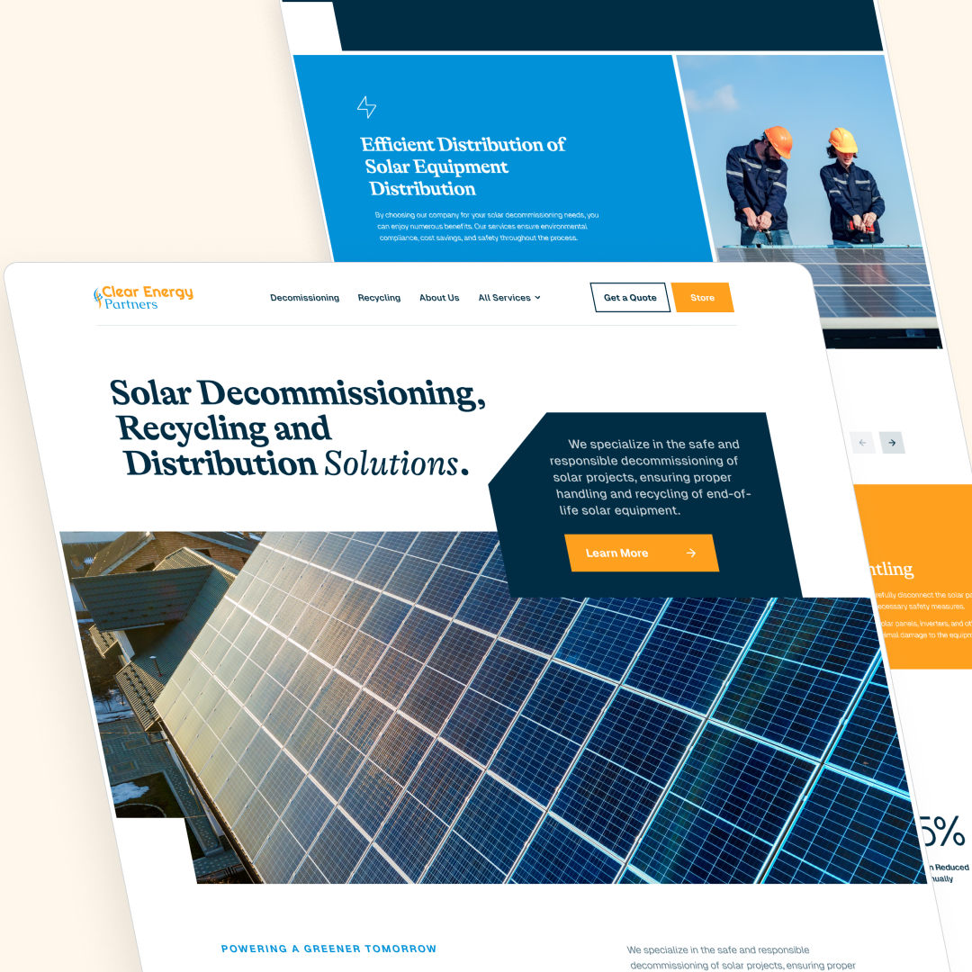 Two website snapshots are overlaid. The first shows two workers inspecting solar panels, while the second highlights solar decommissioning, recycling, and distribution services. A call-to-action button for more information complements this offering, paired with our unlimited graphic design subscription service.