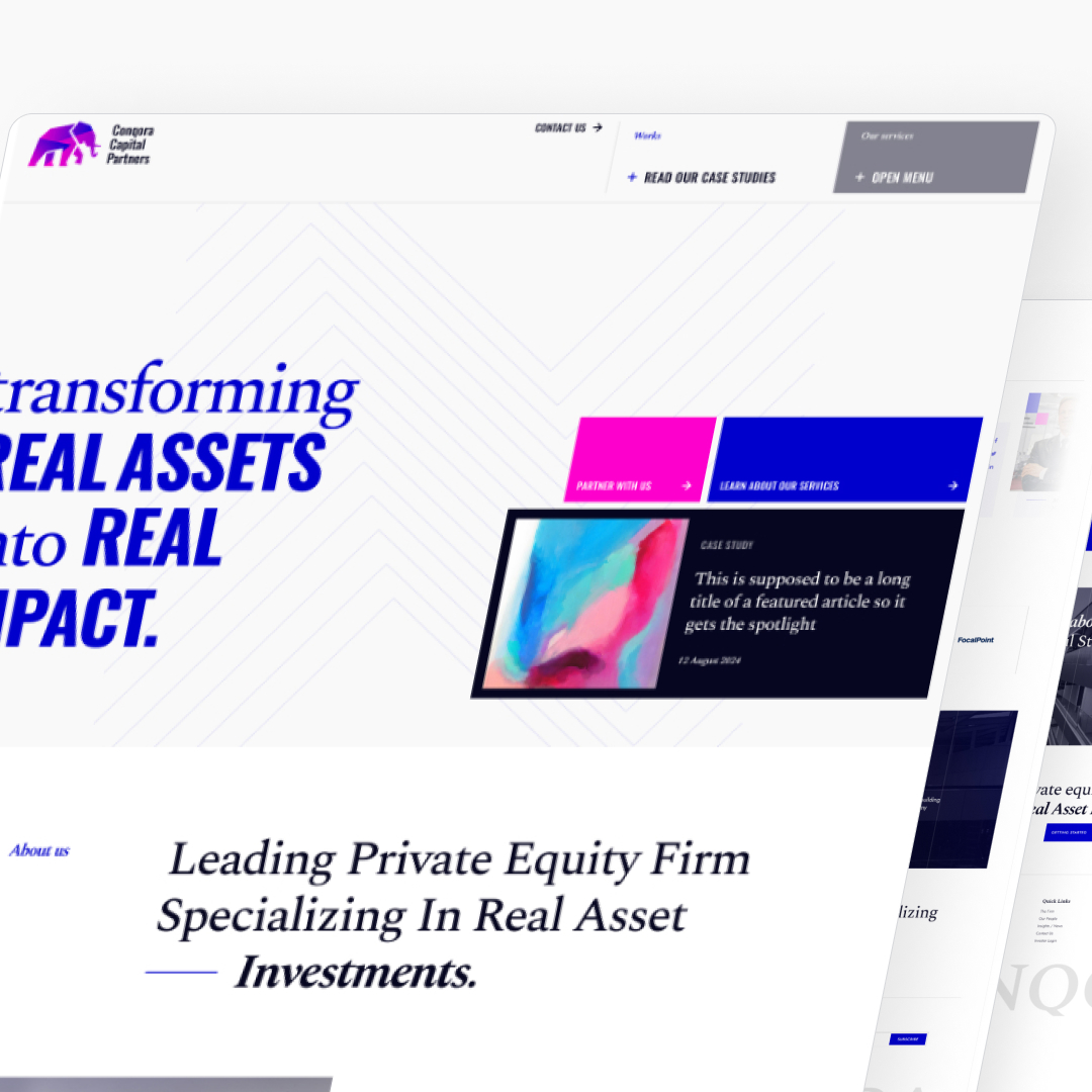 Website homepage with a focus on real assets and impact investing. Features a header with contact options, menu, and case studies link. The content highlights the firms specialization in unlimited graphic design and a featured article with an abstract image.