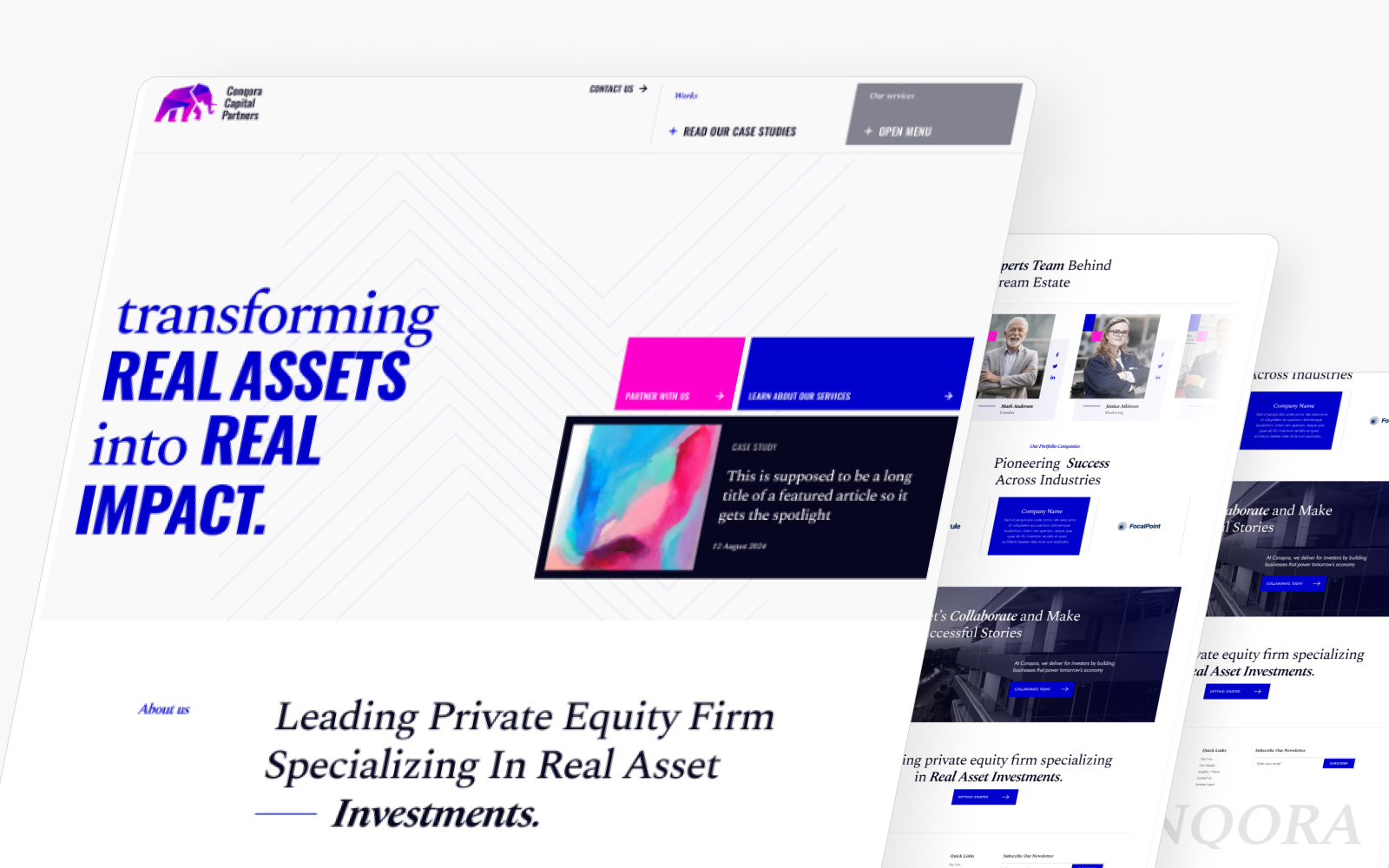 A sleek, modern website layout featuring a header with an elephant logo and navigation links. The headline reads transforming real assets into real impact. This design subscription page includes sections for case studies and about information, with vivid blue and pink accents.