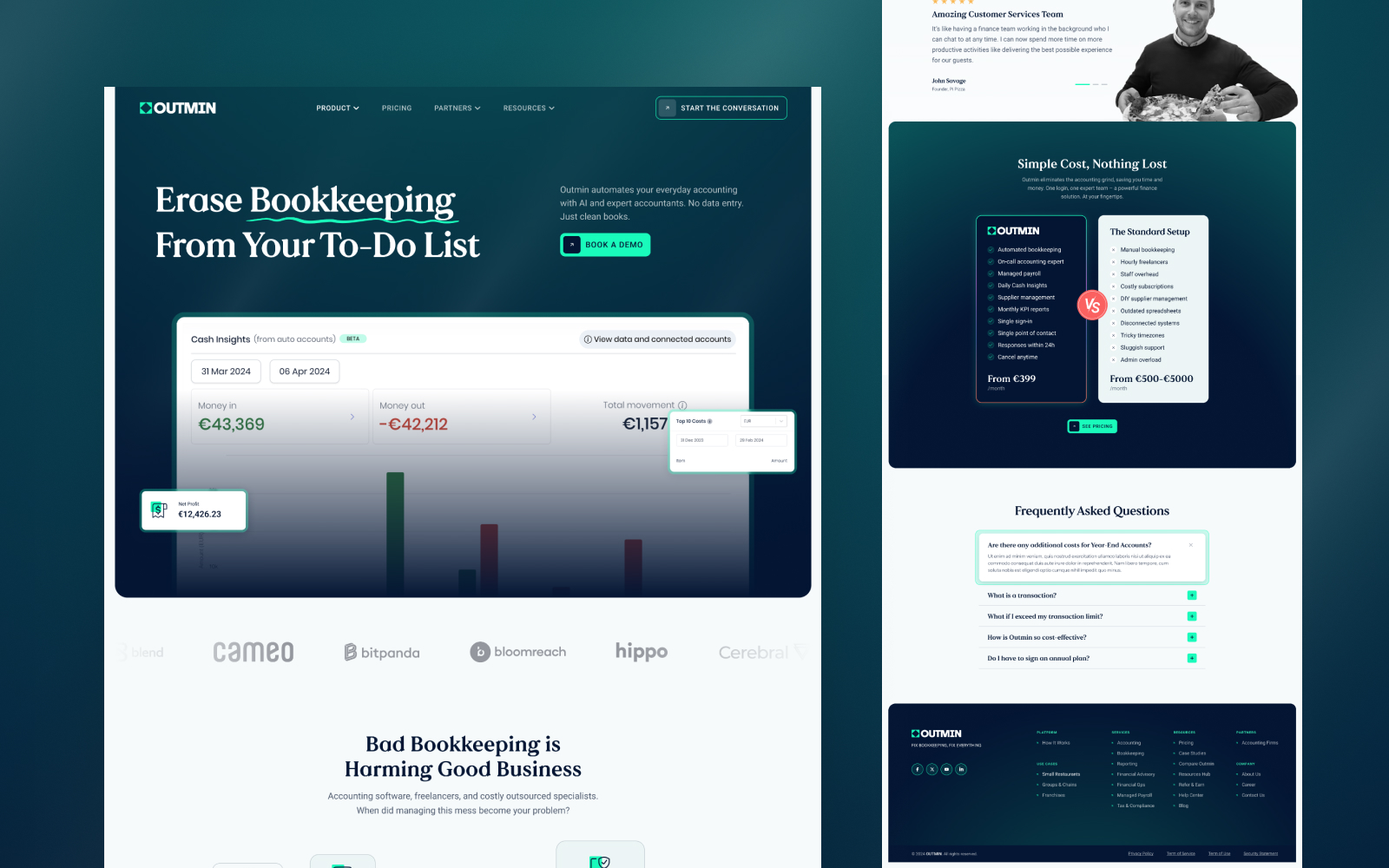 A professional website homepage offering bookkeeping services with a touch of design subscription flair. It features a headline, customer testimonials, a service plan comparison table, and logos of partnered companies—all wrapped in a clean dark and teal color scheme.