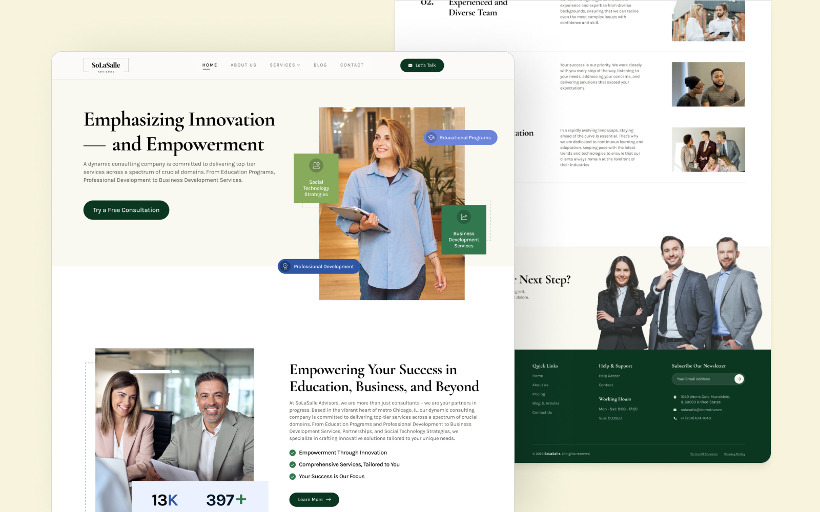 A website layout featuring a business theme, showcasing unlimited graphic design options. Includes a banner with a smiling woman holding a tablet, text about innovation and empowerment, professional development icons, and images of diverse professionals. Sections highlight services and team information.