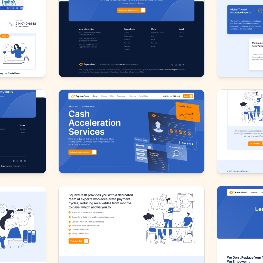 Collage of webpages from SquareDash, featuring unlimited graphic design services alongside Cash Acceleration with illustrations of business professionals and technology icons. The design subscription is highlighted in blue and orange accents, with contact info and testimonials included.