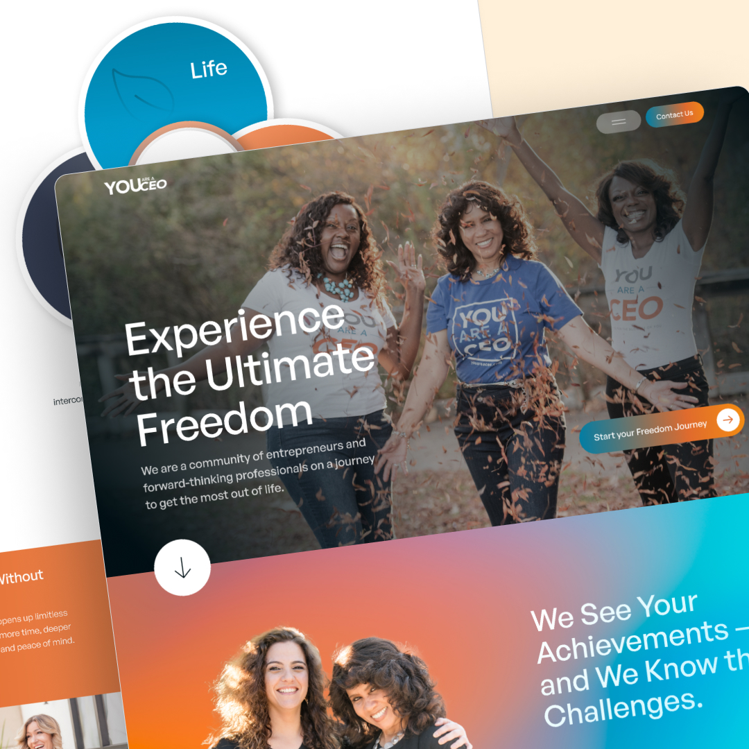 Image of a website with an empowerment theme. Two joyful people stand outdoors, smiling and reaching out. The website text reads Experience the Ultimate Freedom. Decorative elements include colorful circles and text snippets, emphasized by unlimited graphic design features.