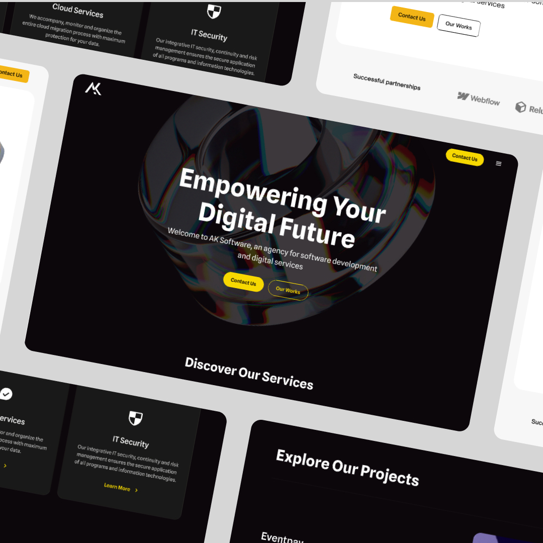 The website interface features a black and white theme. Central text reads, Empowering Your Digital Future. Browse buttons for Contact Us, Our Work, and explore sections like Discover Our Services with unlimited graphic design options and Explore Our Projects.