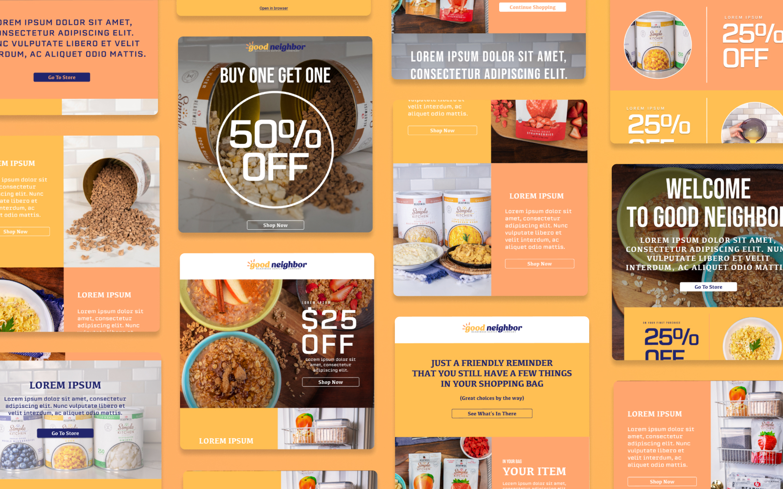 A vivid collage of grocery-themed promotional cards showcases delectable dishes like cereal and spices, with enticing discounts such as 50% Off and 25% Off. The dynamic color palette of orange, yellow, and blue shines through. Perfect for those utilizing an unlimited graphic design subscription.