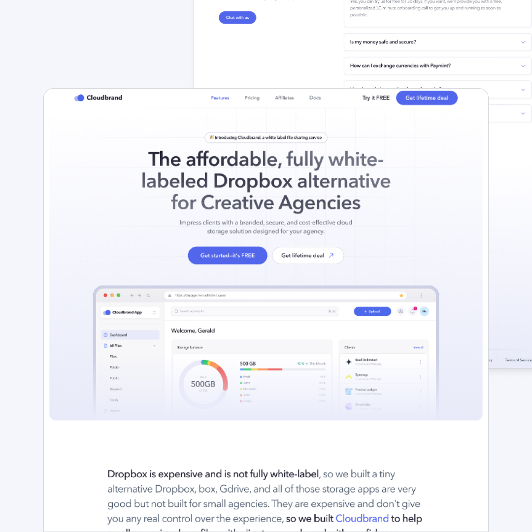 A website screenshot showcasing Cloudbrand, a white-labeled Dropbox alternative for creative agencies. The page highlights features like storage solutions and offers both a design subscription and a free trial. A dashboard interface is partially visible, enticing users with its lifetime deal.