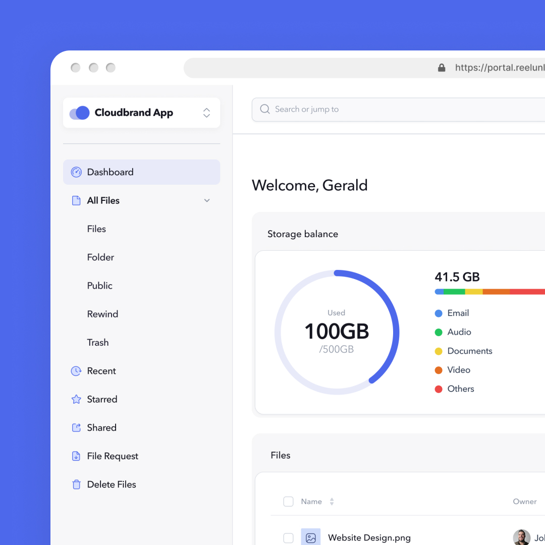 Screenshot of a cloud storage app dashboard showcasing a circular graph with 100GB of 500GB used. Categories such as Email, Video, Documents, and Others are highlighted. Below is a file list with icons, all set against a blue background. Perfect for managing your unlimited graphic design files.