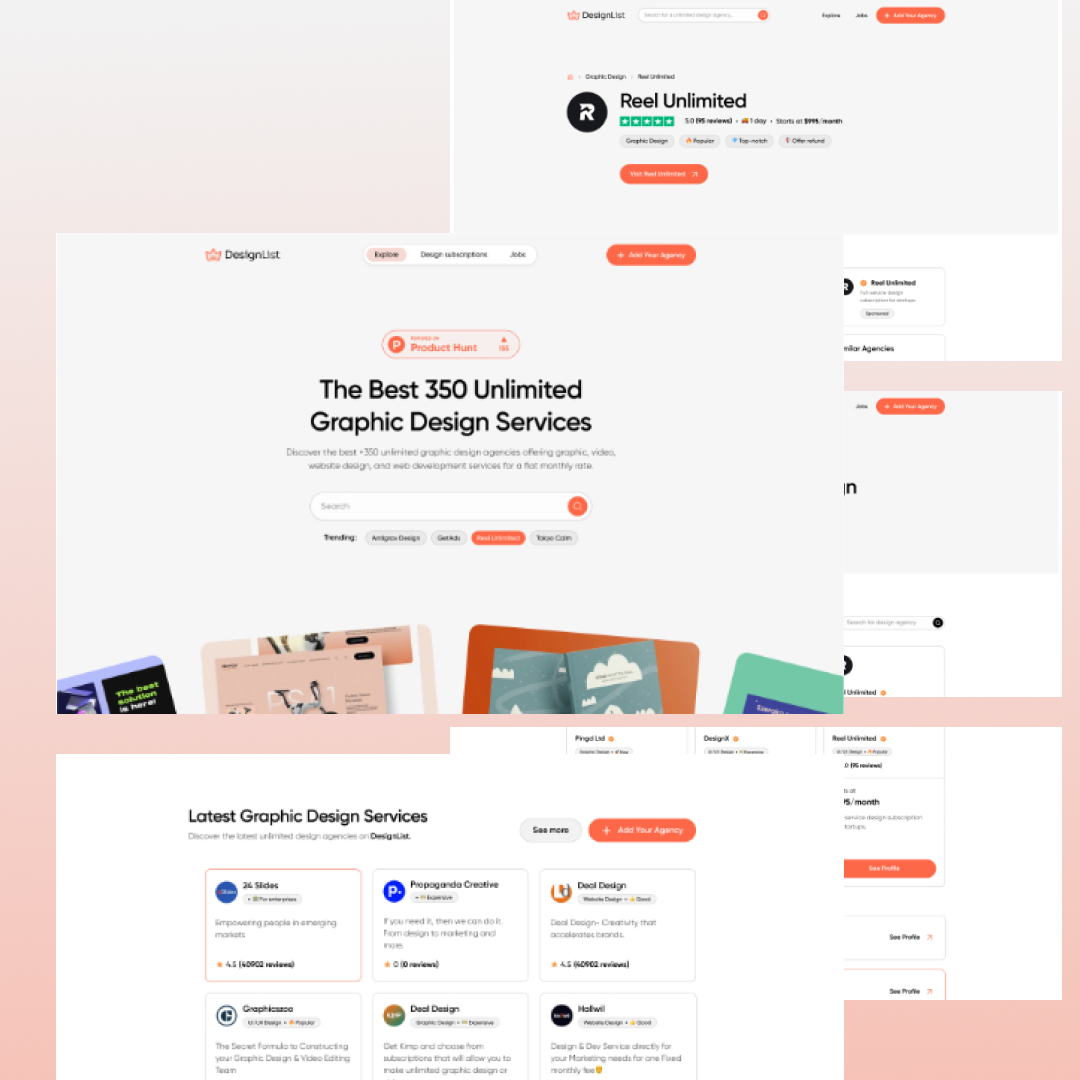 A digital collage showcasing multiple web page interfaces for unlimited graphic design services. Prominent features include service comparisons, featured products, agency offerings, and customer reviews, with a clean and modern layout dominated by white and orange tones.