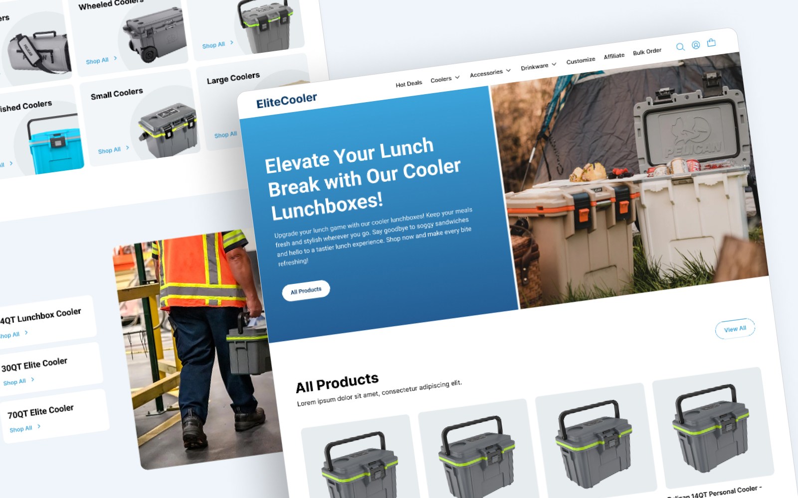 A graphic displays EliteCoolers blue and white themed website pages, featuring various cooler products like lunchboxes and larger coolers. With unlimited graphic design options, a worker in a safety vest carries a cooler amidst an outdoor scene showcasing these coolers in action.