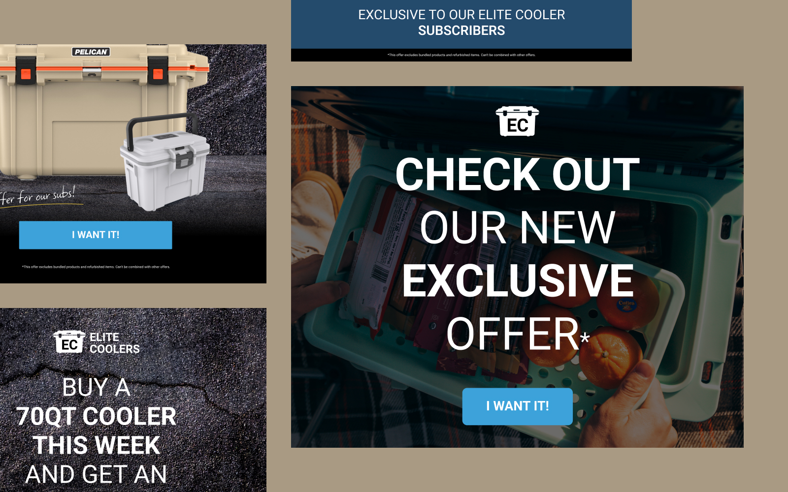 A collage of cooler advertisements showcases unlimited graphic design. The center features an open cooler with groceries and text: Check out our new exclusive offer. Other ads highlight a tan and white cooler, and a special offer for a 70QT cooler. Buttons read I want it!.