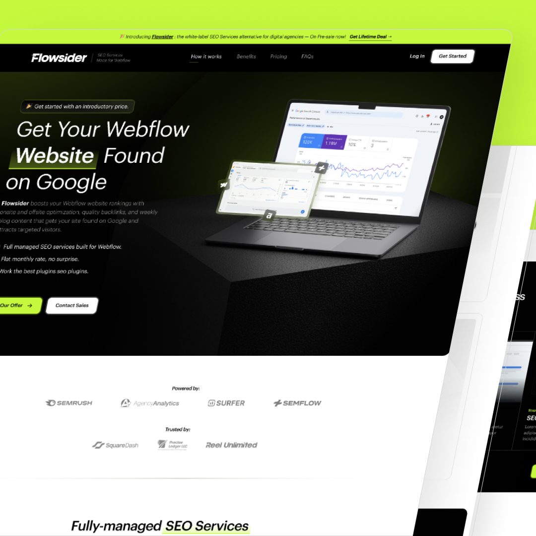 A webpage for Flowsider, showcasing services to optimize Webflow websites for Google search. Highlighted is a laptop with graphs and logos of analytic tools, reflecting the benefits of our design subscription. The green background includes a call-to-action button.