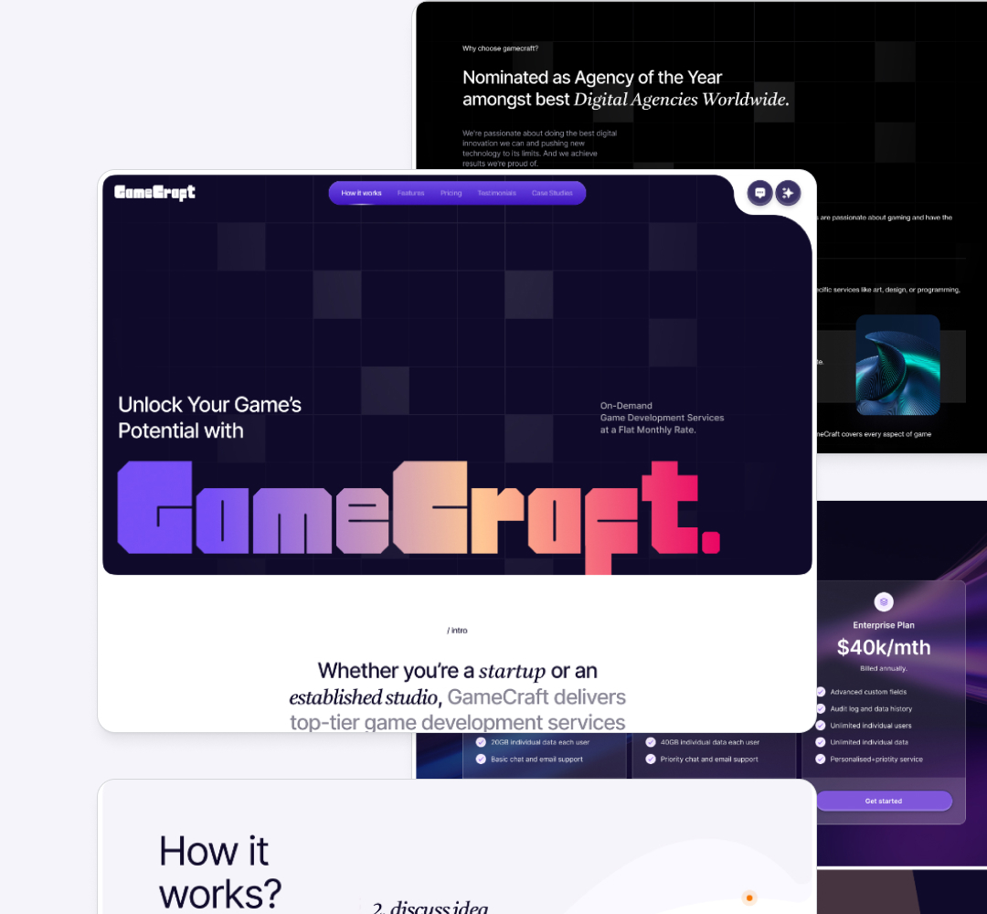 A digital mockup of a website for GameCraft showcases a bold, colorful gradient logo. Text highlights game development services, startup support, and unlimited graphic design. The background features a dark theme with floating square graphics.
