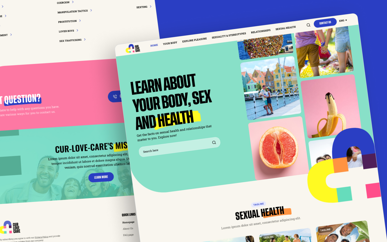 Two overlapping website pages showcase vibrant designs. One features a teal background with bold text on health topics and various thumbnails of people and food. The second has a pink background with text, all created through an unlimited graphic design subscription service.