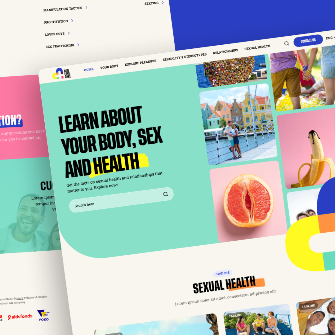 The website interface features sections on body, sex, and health education, with a bold title and search bar. Colorful images of fruits and a couple complement text blocks on sexual health and relationships. Explore our design subscription for unlimited graphic design assets to enhance your experience.