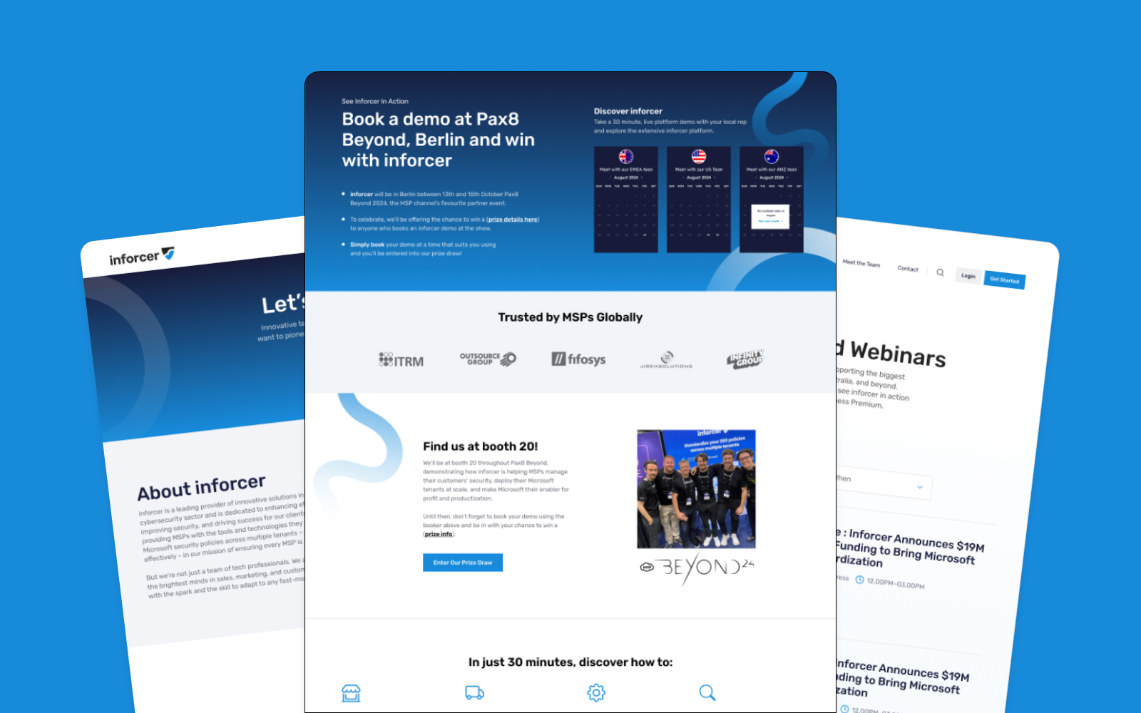 Three overlapping web pages are set against a blue background. The central page invites you to book a demo at Pax8 Beyond, with side pages highlighting inforcer details and news about funding, webinars, and unlimited graphic design opportunities.