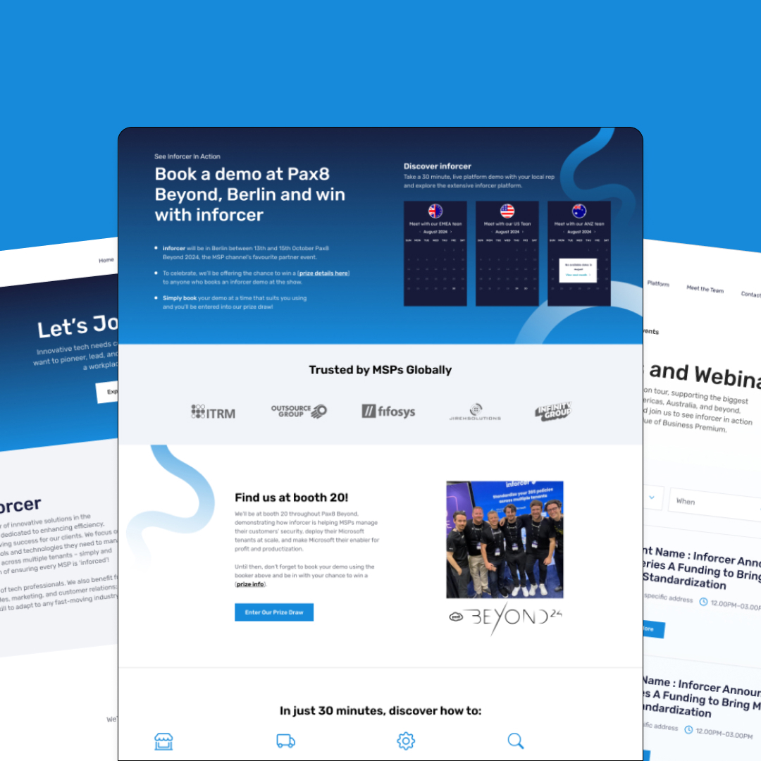 Screenshot of a website page featuring a header to book a demo at Pax8 Beyond. It showcases logos of global MSPs, an invitation to meet at booth 201, and highlights their design subscription services with a group photo of people holding an award.