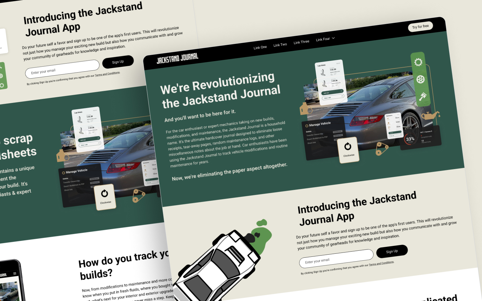 A webpage showcasing the Jackstand Journal App offers a sleek design subscription model. It features images of cars, smartphones, and a journal with headlines about revolutionizing the app. The layout includes green and white sections with text and illustrations for unlimited graphic design inspiration.