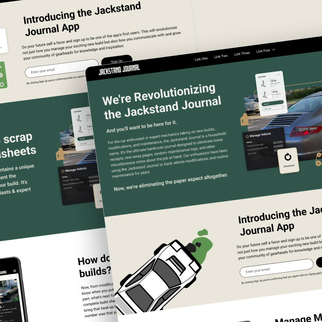 Overlapping website mockups for the Jackstand Journal App showcase text about revolutionizing journaling. With a design subscription model, it features images of a vehicle, digital management icons, and a user-friendly interface in a sleek white and green color scheme.