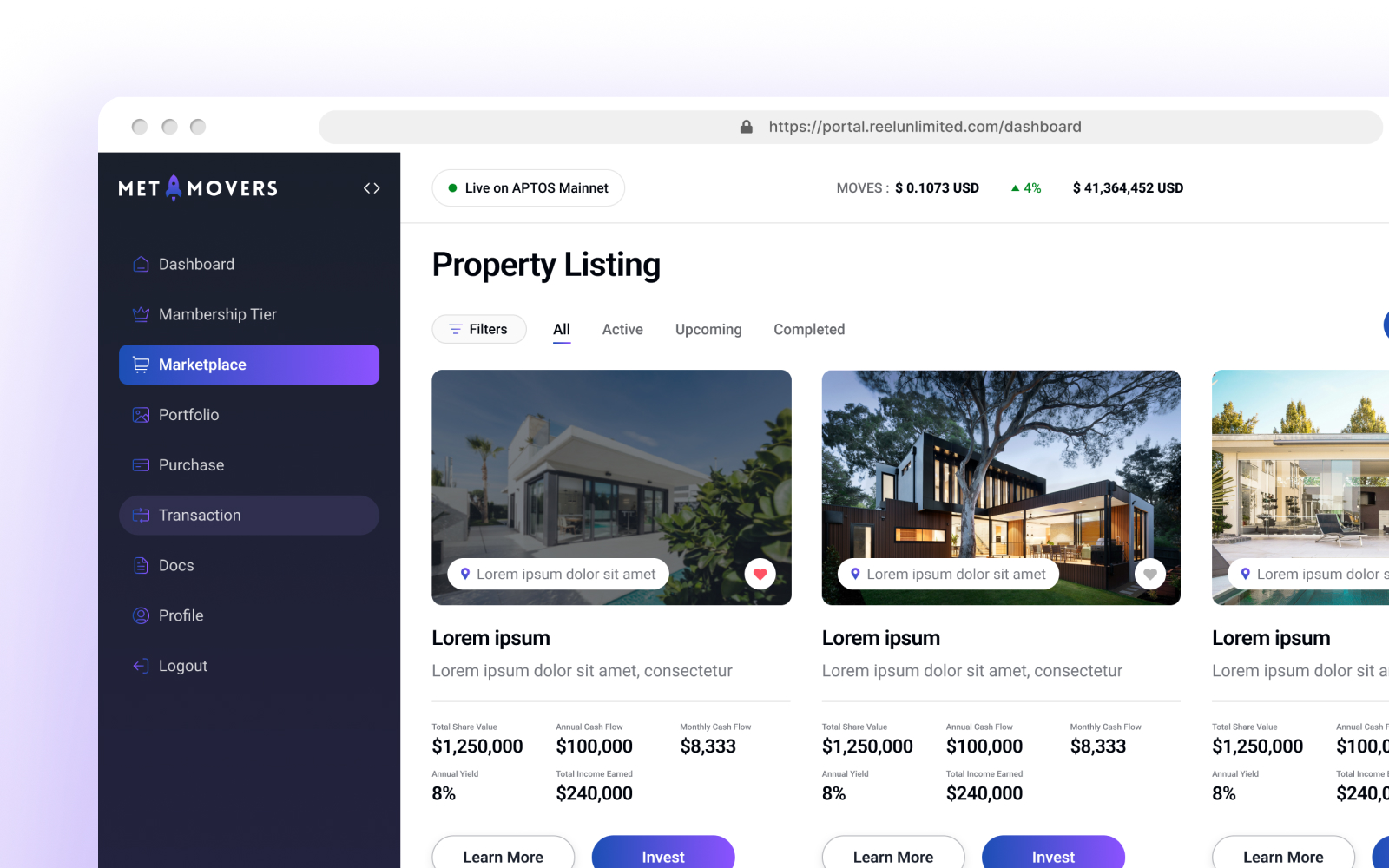 Screenshot of a real estate dashboard showcasing property listings. The sleek interface, part of an unlimited graphic design subscription, includes a sidebar with navigation options like Dashboard, Marketplace, and Portfolio. The main section displays properties with prices and investment options.