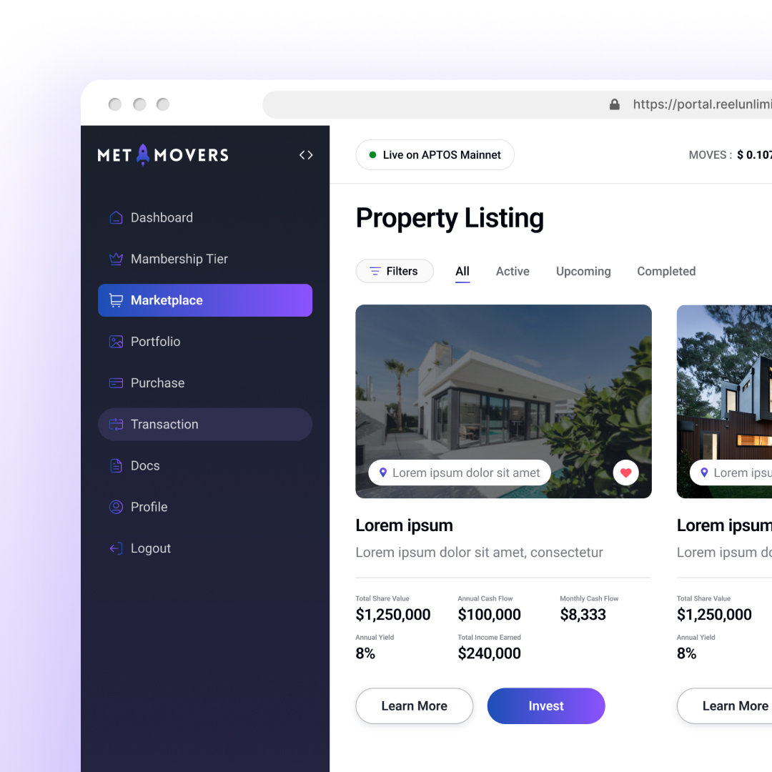 A digital interface showing a property listing page. The left sidebar, enhanced by unlimited graphic design options, includes navigation like Dashboard, Marketplace, and Profile. The main section displays property cards with images, brief descriptions, and investment details.