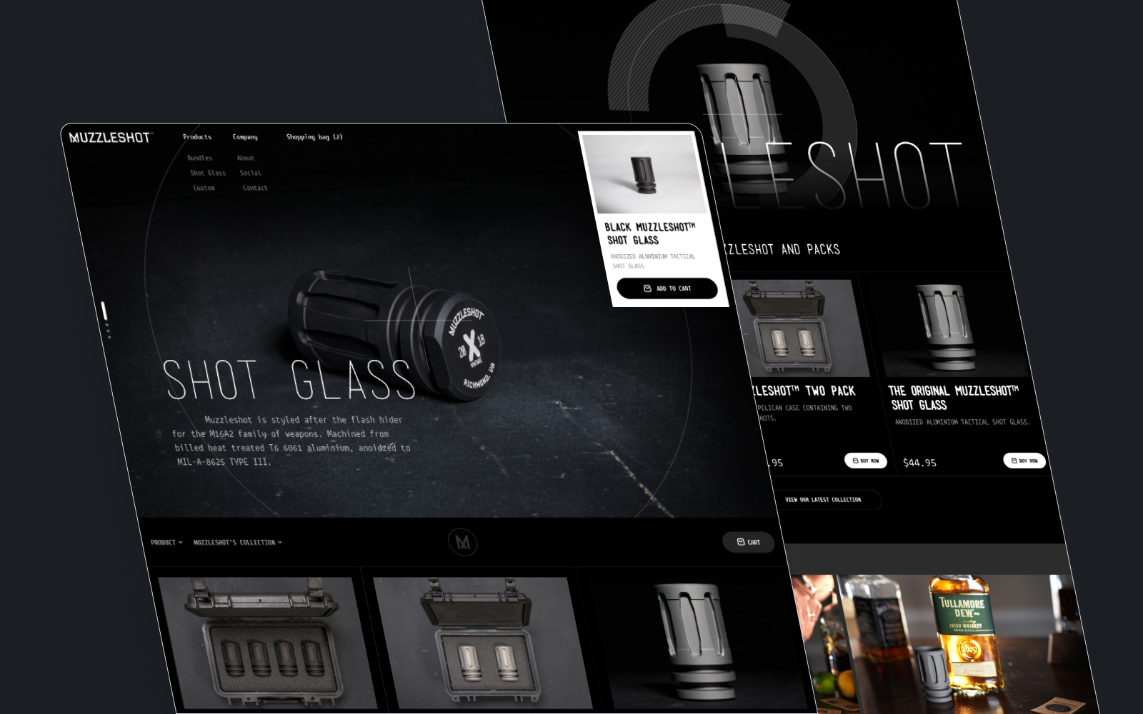 A website showcases a shot glass styled like a flash hider, with a sleek layout featuring images of the glass, title, pricing, and product options. The dark background accentuates its unique cylindrical design. Pair this with an unlimited graphic design subscription for endless customizations.