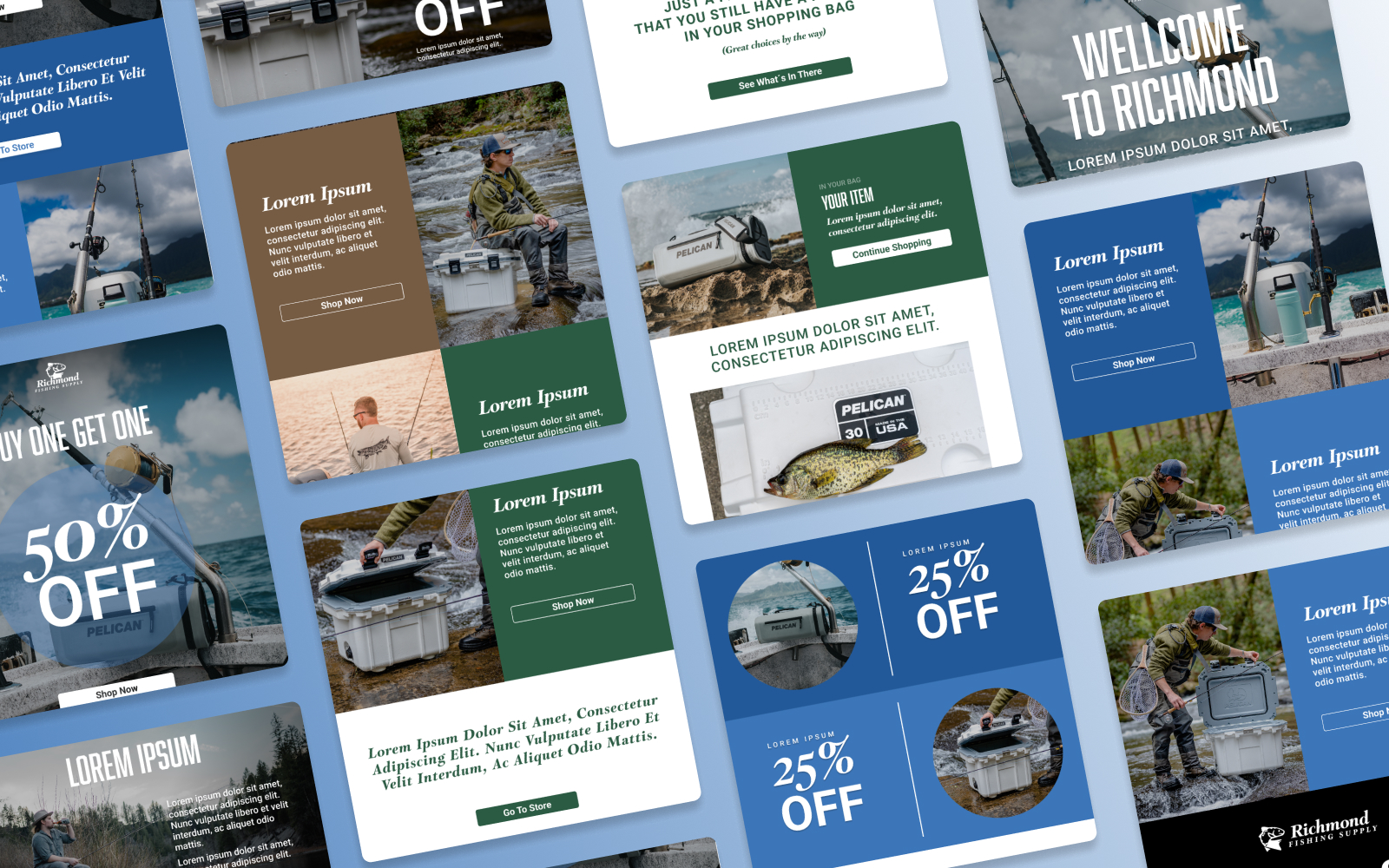 A collage of vibrant promotional graphics showcases outdoor gear with enticing phrases like 50% OFF, 25% OFF, and WELCOME TO RICHMOND. Scenes of nature enthusiasts are complemented by cooler boxes and fishing backdrops, all crafted through a seamless design subscription service.