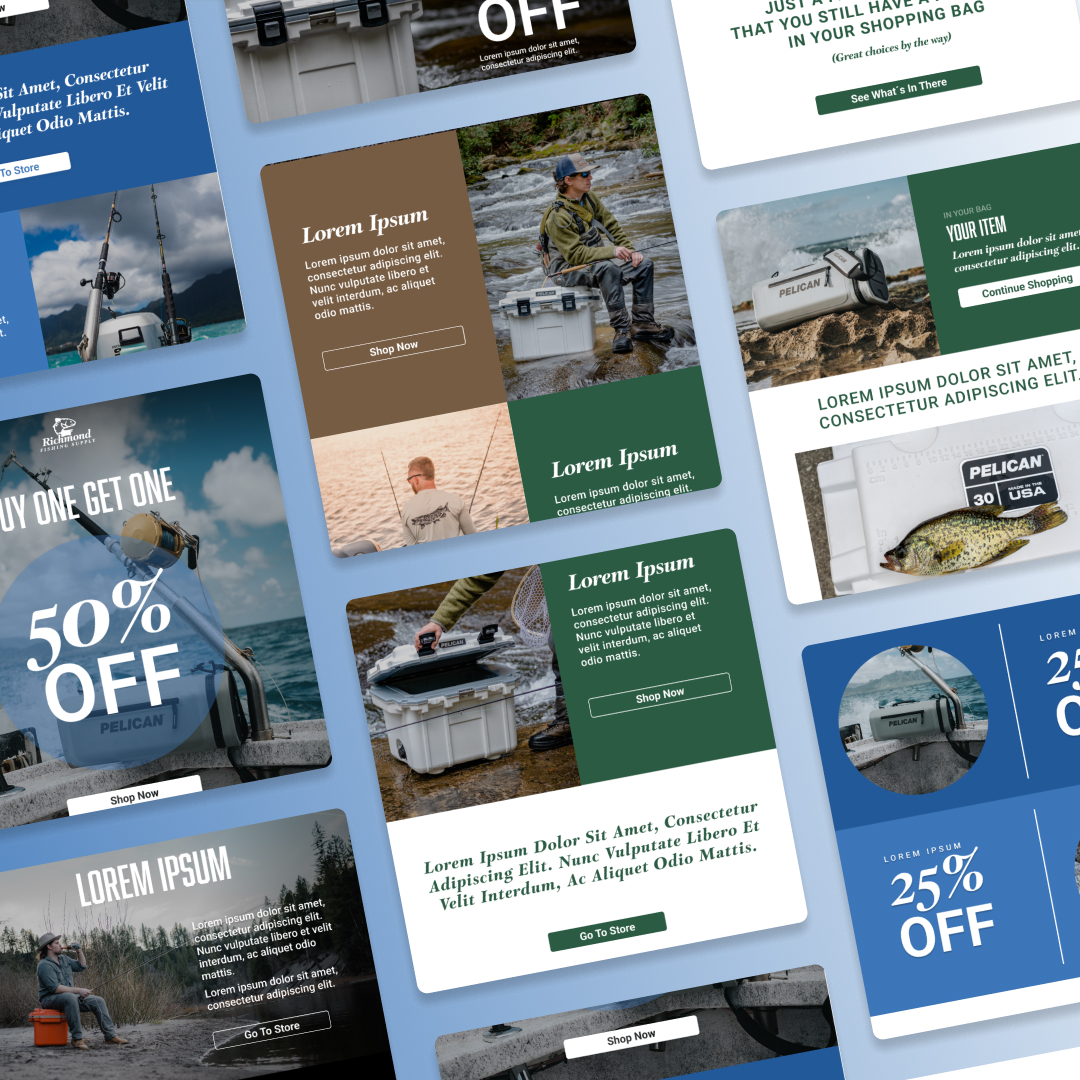 A collection of promotional email templates displayed on a diagonal grid layout. The templates, part of our design subscription, feature various outdoor images and text blocks, including discount offers like 25% OFF and 50% OFF, with placeholders for product descriptions.
