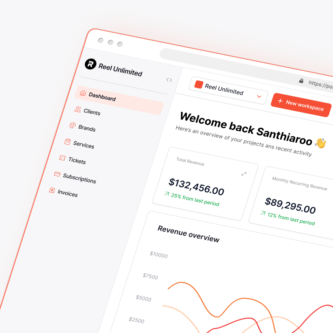 A laptop screen displays a Reel Unlimited dashboard interface, featuring Clients, Brands, Services, Tickets, and design subscription details. The main section showcases revenue data with a graph. The username Santhiaroo is warmly welcomed back to explore unlimited graphic design options.