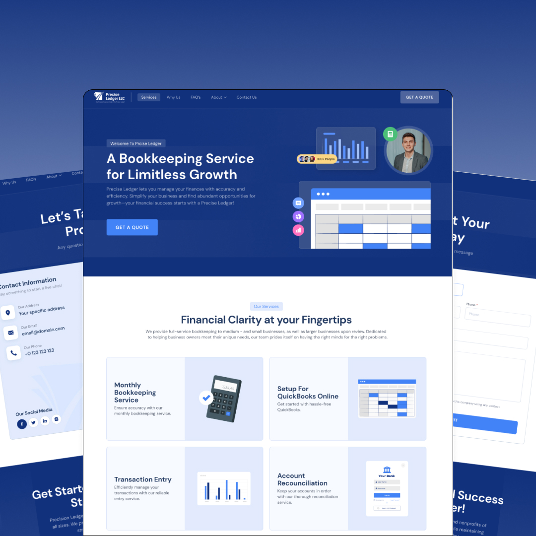 Digital image of a bookkeeping service webpage. Features quotes, financial clarity info, a testimonial with a photo, and service details like monthly bookkeeping, setup for QuickBooks, transaction entry, and account reconciliation—all seamlessly integrated with unlimited graphic design elements.
