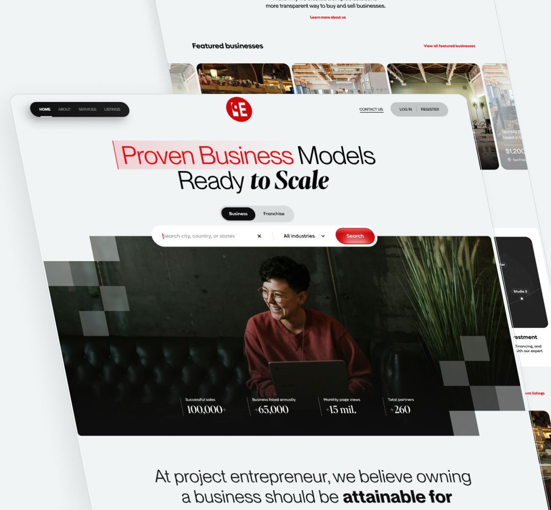 Website homepage featuring the text Proven Business Models Ready to Scale and a search bar. A person smiling while working on a laptop is pictured underneath, illustrating limitless creativity with our design subscription. Text highlights business statistics in a red, black, and white scheme.