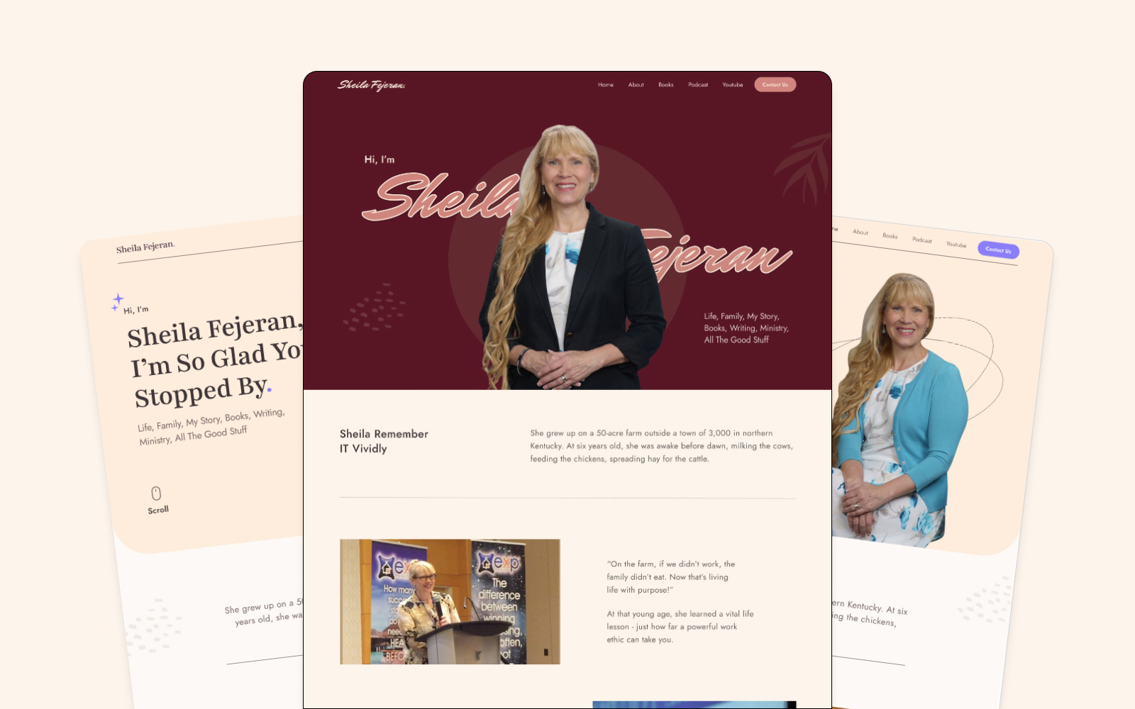A website featuring a redhead woman named Sheila Fejeran highlights her life and mission. The main page displays her in a suit with text about her journey, complemented by floral accents. Below, an image shows her speaking at an event, echoing the sites elegant reds and whites design subscription theme.