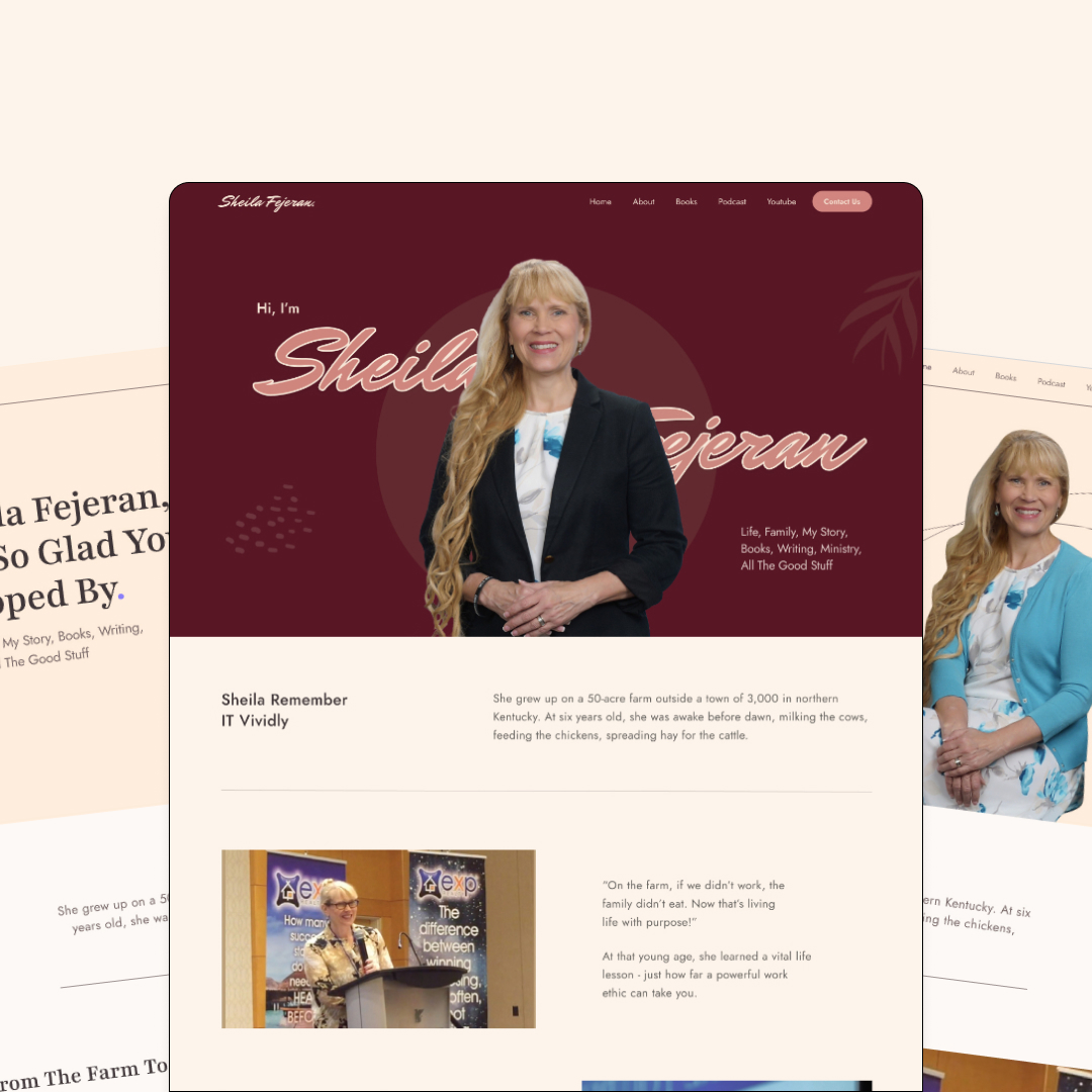 Webpage featuring Sheila Fejeran, with a header image of her smiling. The page includes a brief biography and an introduction to her personal blog, highlighting her journey in unlimited graphic design. The background is a mix of beige and maroon with floral accents.
