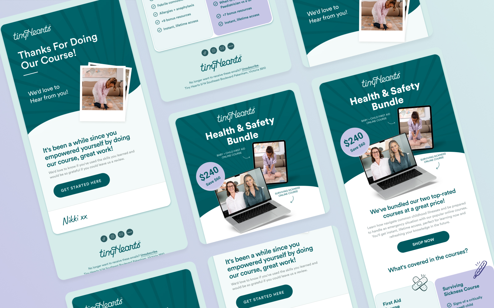 Various layouts of tinyHearts emails showcasing a health and safety course bundle, enhanced by our unlimited graphic design service. Includes a $240 offer, images of smiling people, a laptop display, and gratitude messages for completing a course. Branding colors are teal, white, and light blue.