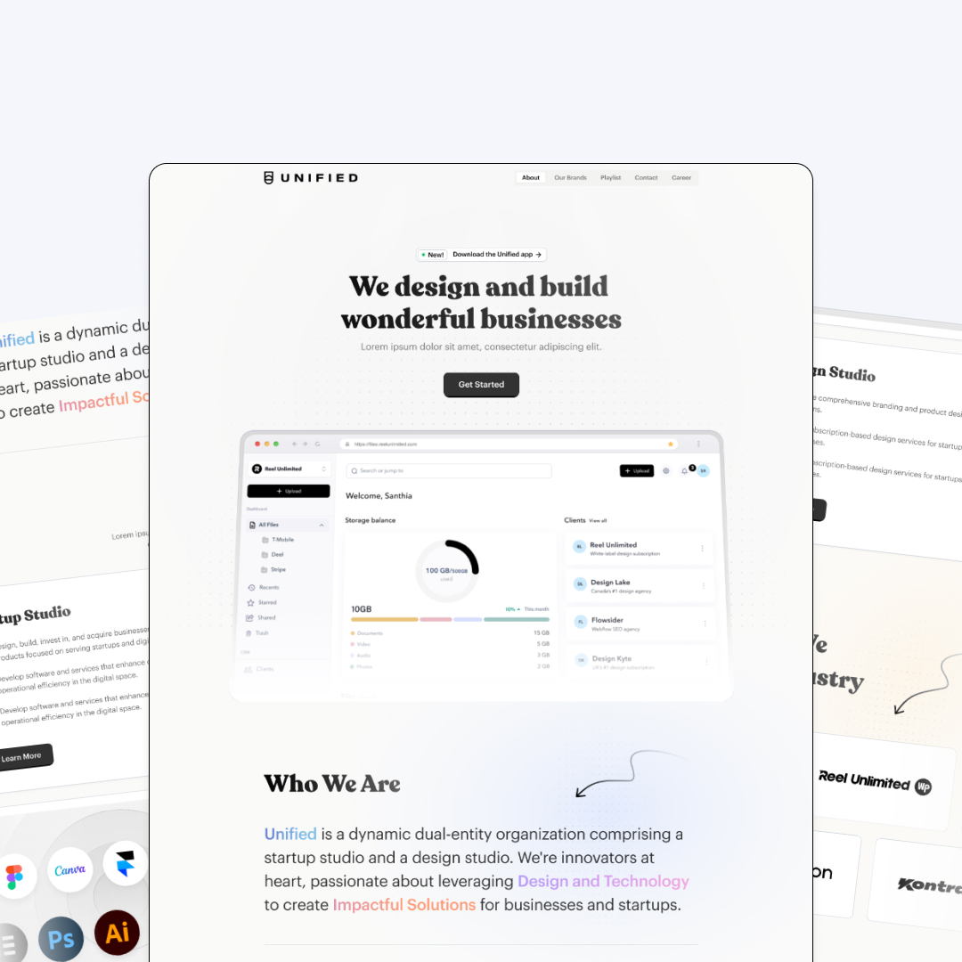A website page for Unified, featuring the tagline We design and build wonderful businesses. The page highlights a workspace interface and mentions how our unlimited graphic design subscription seamlessly integrates design and technology for impactful solutions.