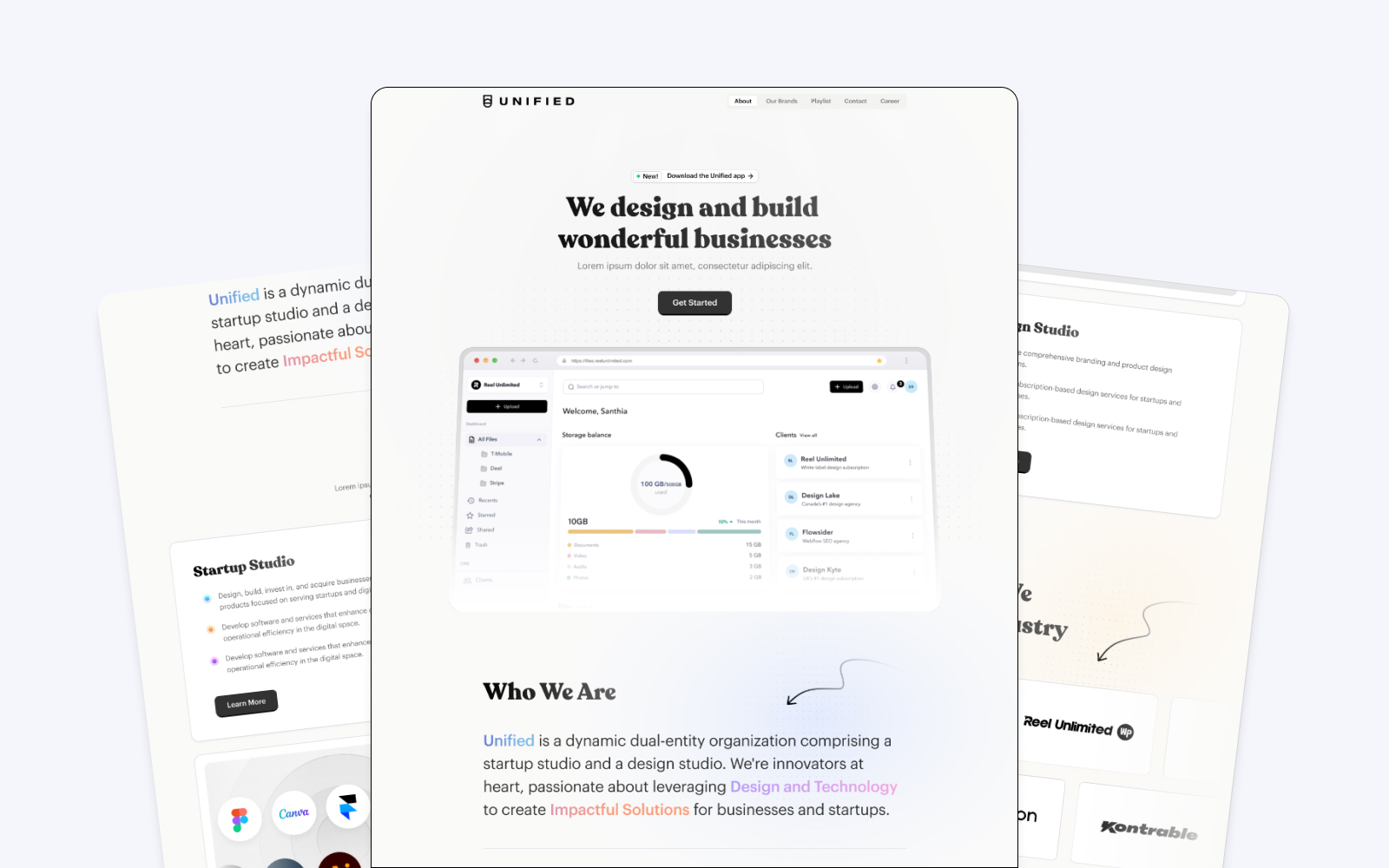 A website interface displays We design and build wonderful businesses on the main screen. Below, a dashboard showcases charts and analytics. The sidebar features sections like Who We Are, Impactful Solutions, and offers a design subscription for unlimited graphic design services.