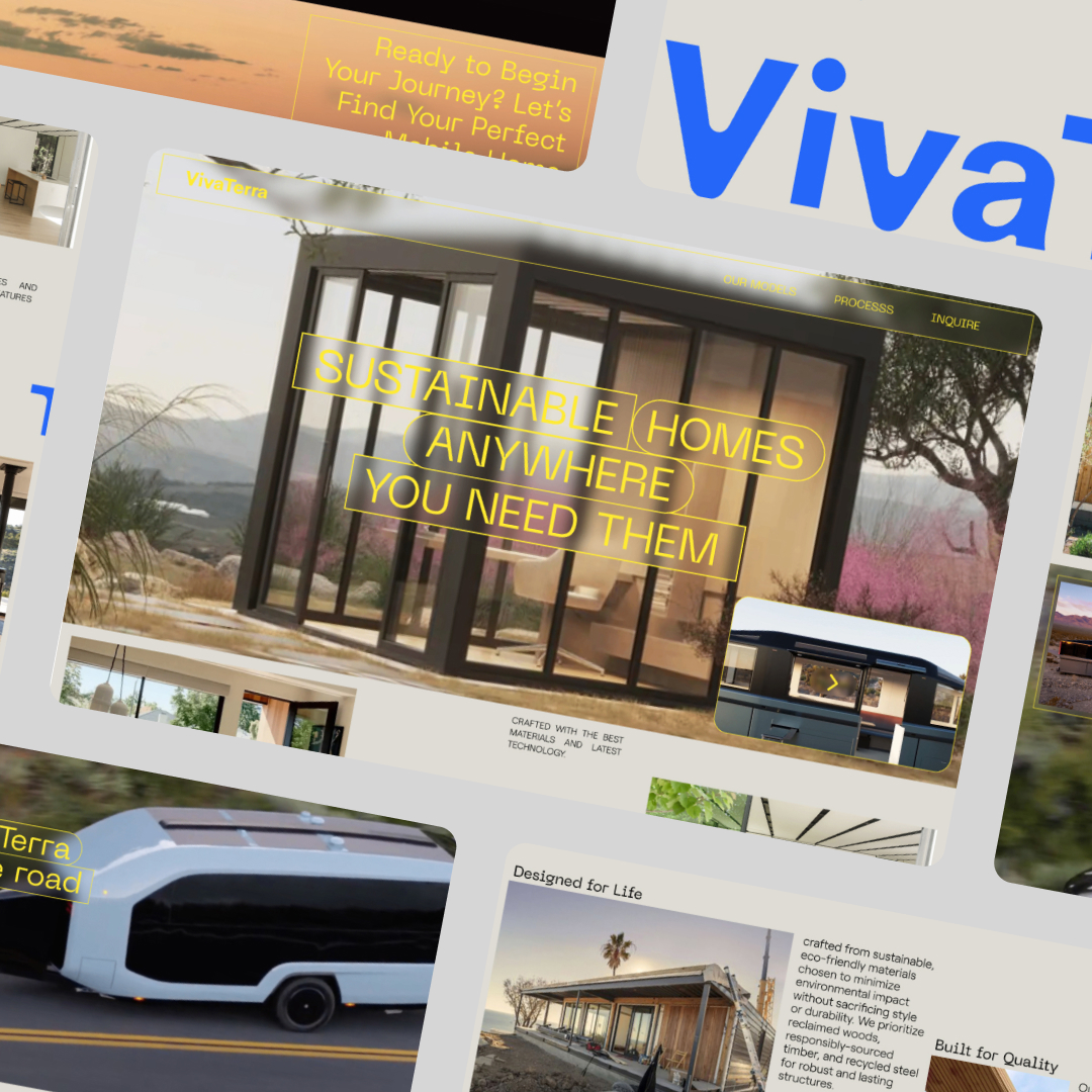 A collage of website images showcases modern, sustainable home designs. The central image features a modular glass home with the text: Sustainable Homes Anywhere You Need Them. Other images depict futuristic vehicles and landscaped settings, embodying an unlimited graphic design approach.