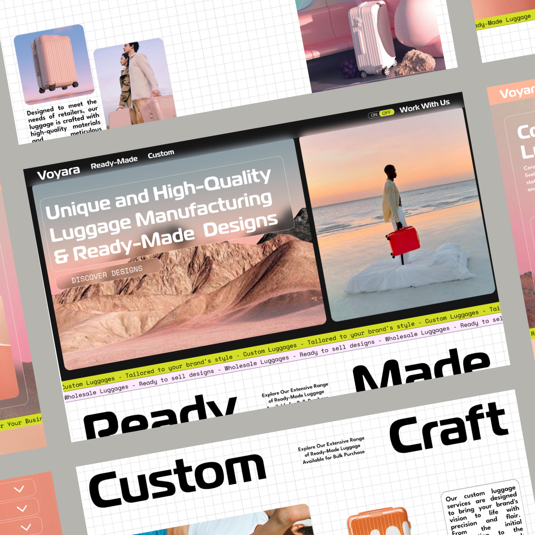 Collage of a website and various design elements for a luggage brand. Main image showcases a person with a red suitcase at sunset, highlighting the unique craftsmanship. Discover Unlimited Graphic Design with phrases like Unique and High-Quality Luggage. Dominant colors are pink, orange, and gray.