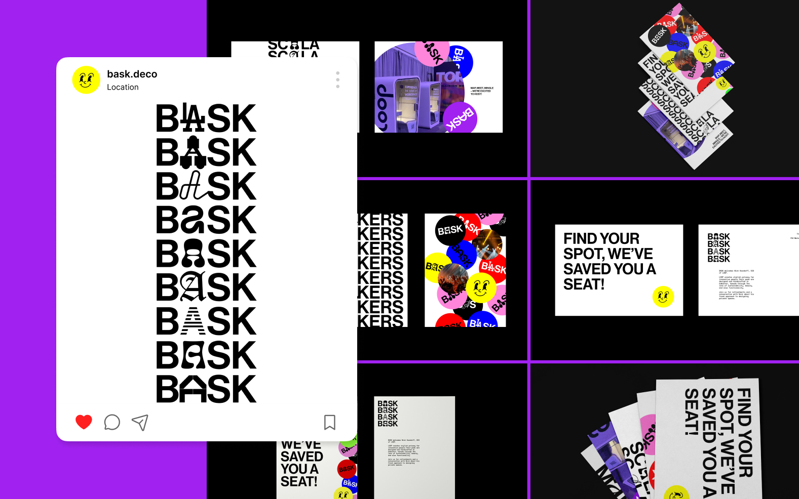 A collage of unlimited graphic design showcases the word BASK in various styles and colors. Bold black and white text, vibrant round stickers, and promotional materials for an event or brand come alive on a purple, black, and white background.