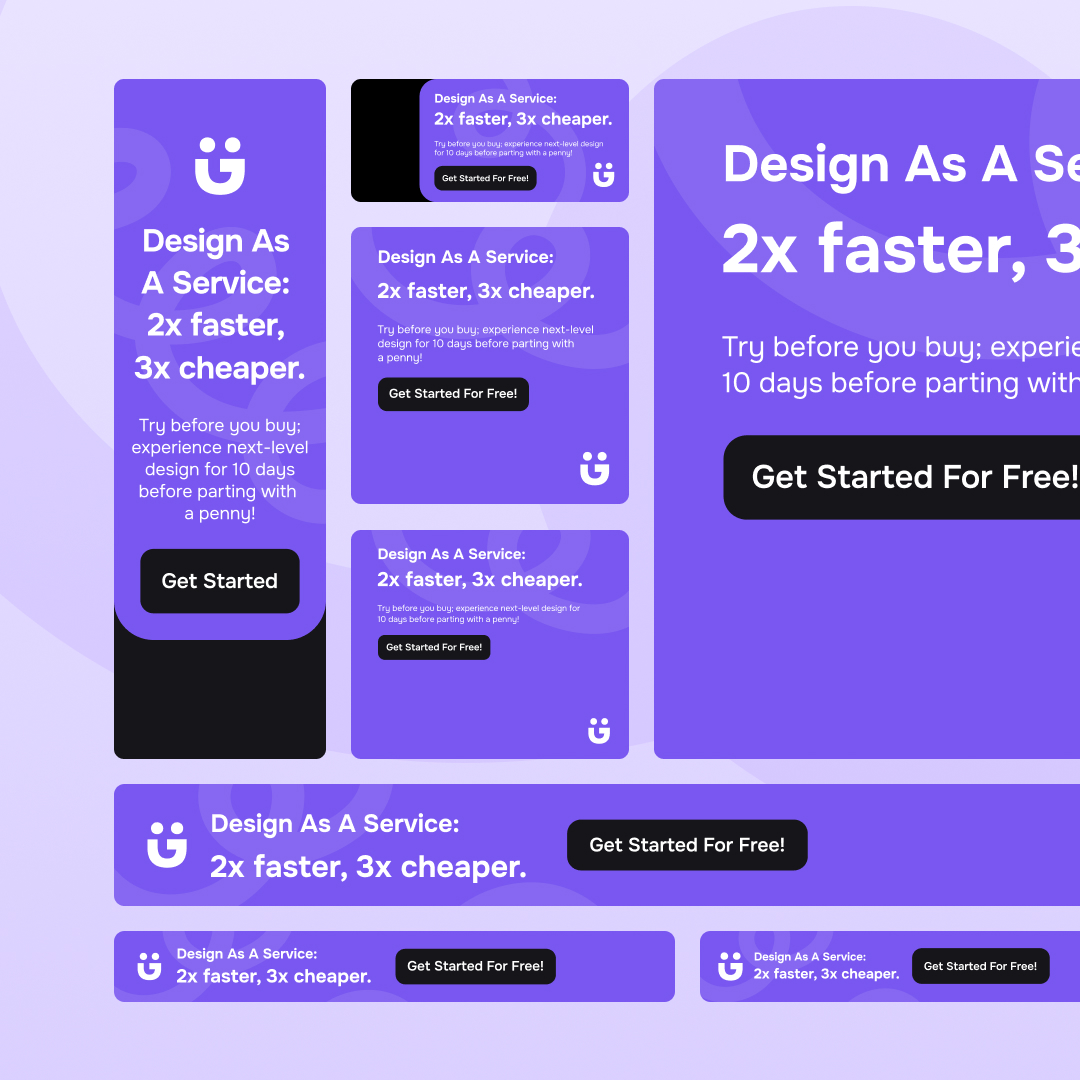 Full service 5 Various purple and blue buttons and banners showcase our service with the slogan, Design As A Service: 2x faster, 3x cheaper. Prompts like Get Started emphasize our unlimited graphic design subscription. Explore logos and a smiley face icon to get started for free today!.