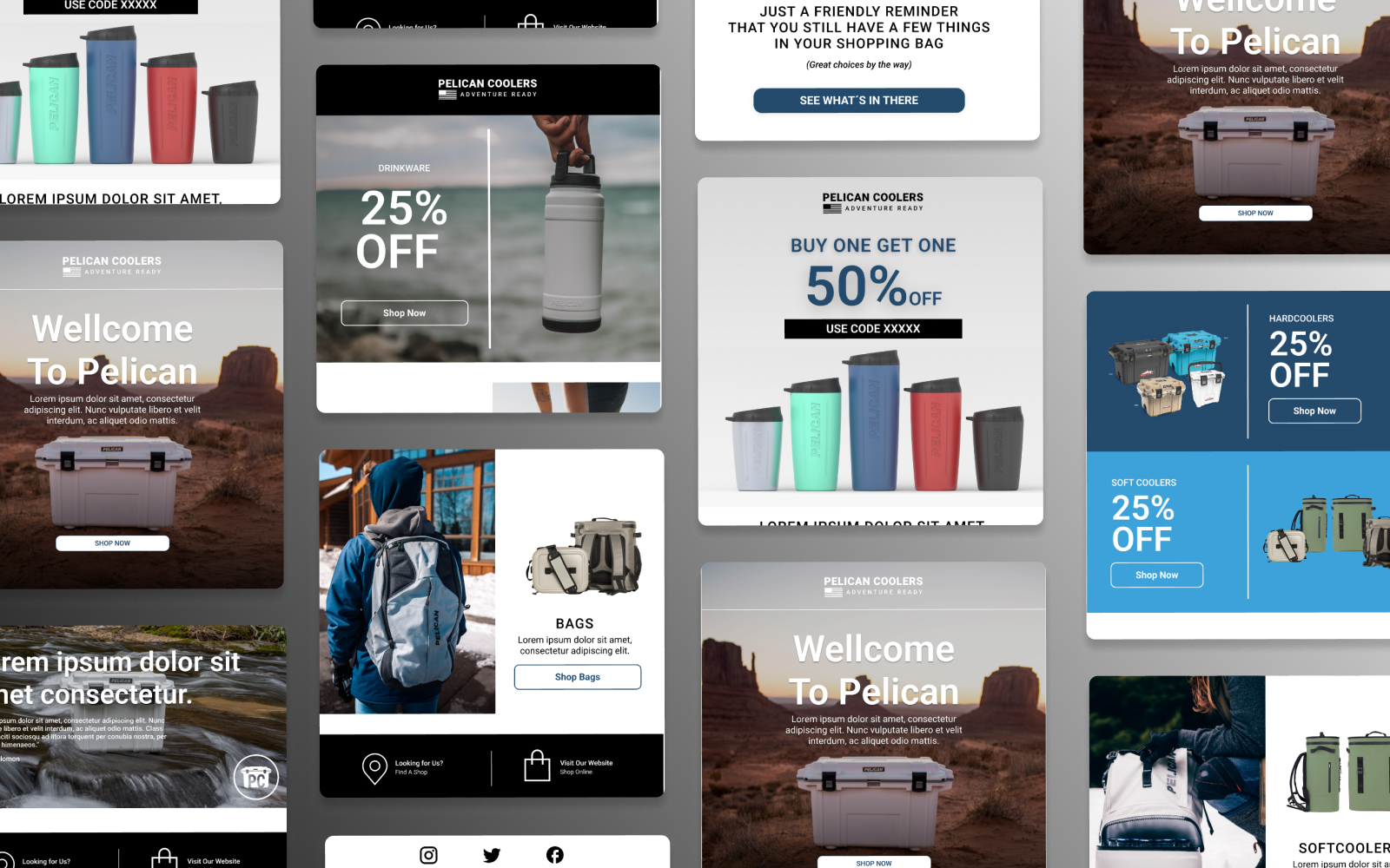 A vibrant collage of Pelican coolers and bags ads promotes discounts like 25% OFF and BOGO 50% OFF. The designs, crafted through a seamless design subscription, showcase sleek coolers and a stylish individual with a backpack.