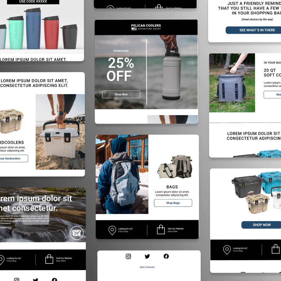 A collage of various website layouts showcasing outdoor and travel gear, including coolers and backpacks, highlights the benefits of unlimited graphic design services. Some sections feature promotional banners, product images, and call-to-action buttons like Shop Now, all in a modern, minimalist style.