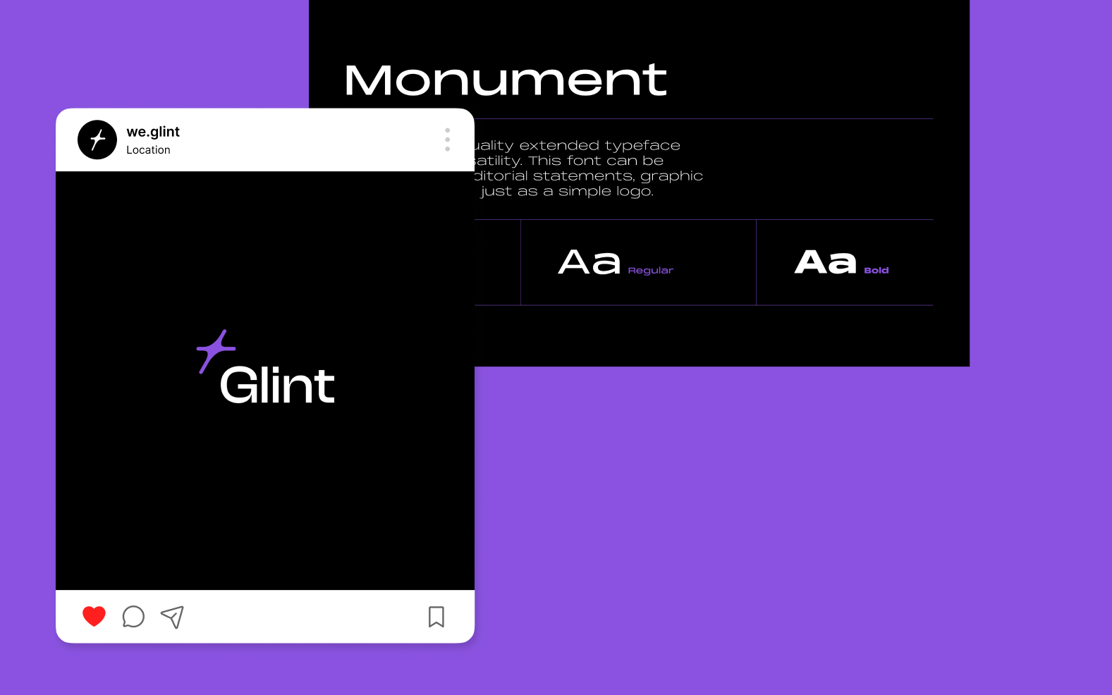 A screenshot of an Instagram post featuring the text Glint with a purple cross symbol. In the background, a display of a typeface named Monument is shown, highlighting both regular and bold versions of the font. The background is purple.
