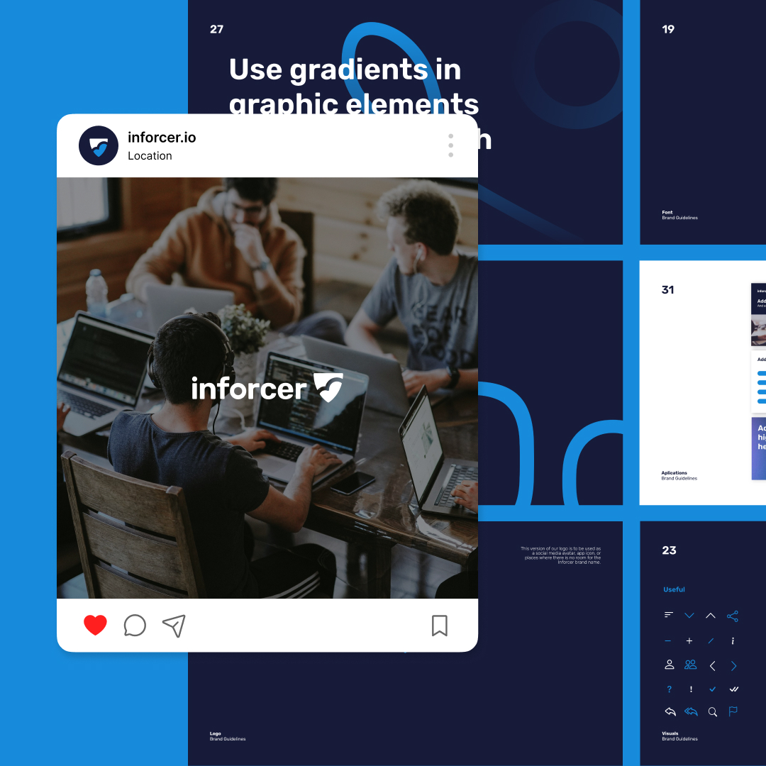 A group of young professionals is immersed in work on laptops around a table, with the social media interface for inforcer.io and its logo prominently displayed. The backdrop boasts blue panels discussing the power of unlimited graphic design and the use of gradients.