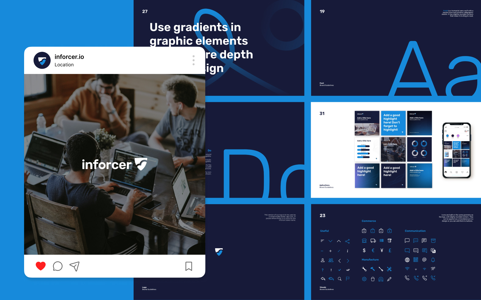 A collage features a group of people working on laptops, the inforcer.io logo, and design guides with blue backgrounds. It showcases unlimited graphic design resources, including text on gradients in design, typography examples, app interface previews, and various icons.
