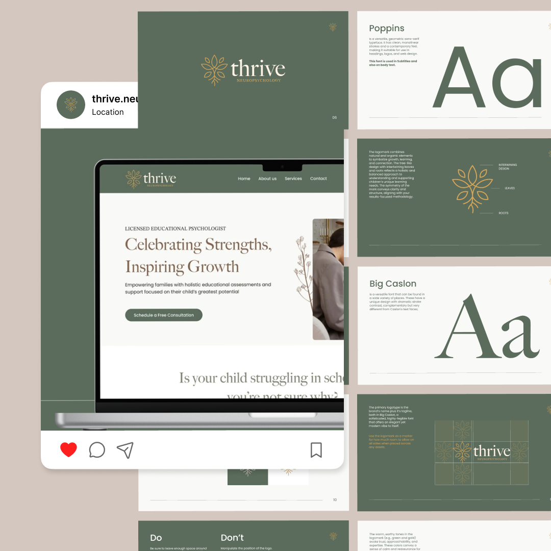 A collage showcasing a branding presentation for Thrive, featuring a website mockup on a laptop, font selections Poppins and Big Caslon, with green and beige color scheme, logo design, an Instagram post mockup, and hints of unlimited graphic design possibilities.