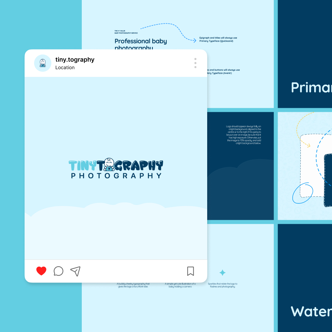 Instagram post featuring the logo Tiny.Tography Photography on a blue background. Surrounding tiles promote professional baby photography with simple, soft visuals and text.
